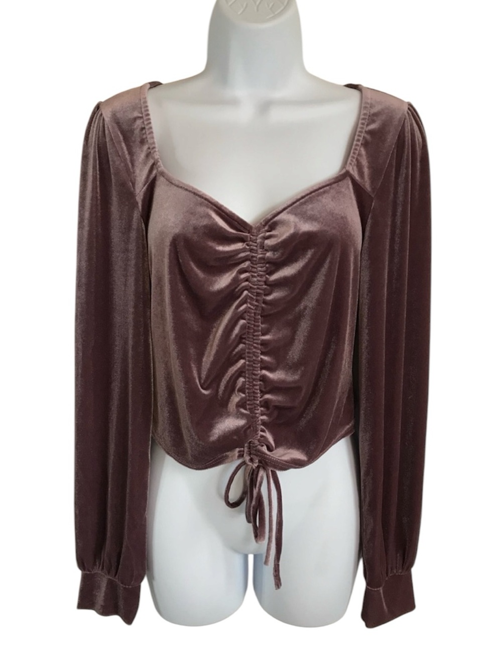 Moa Moa Women’s L Dusty Mauve Center Ruched Velvet Long Puff Sleeve Top in EUC